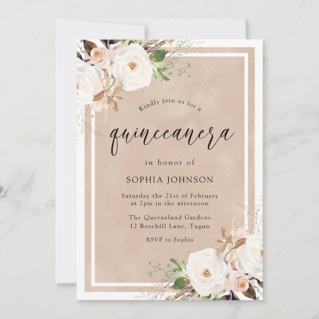 Invitación Flores blancas y Rubor acuarela Quinceanera Fiesta (Anverso)