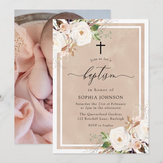 Invitación Flores blancas y Rubor: bautismo de foto de bebé (Anverso / Reverso)