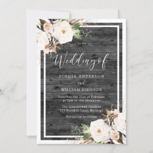 Invitación Flores blancas y Rubor Boda de madera rústica de c