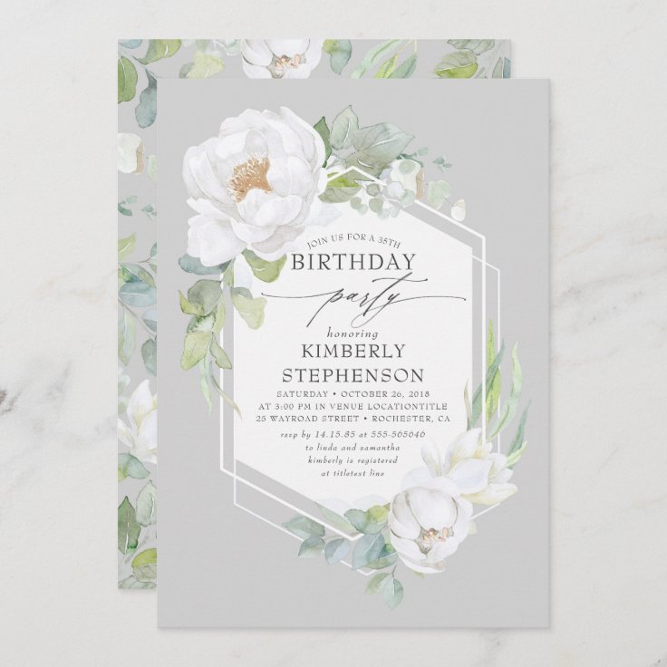 Invitación Flores blancas y vegetación Elegante cumpleaños mo 
