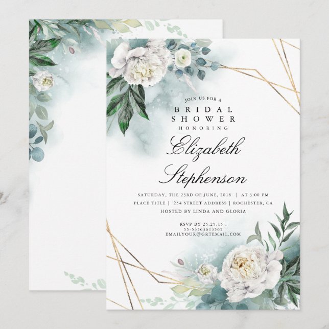 Invitación Flores blancas y vegetación elegante ducha de novi (Anverso / Reverso)