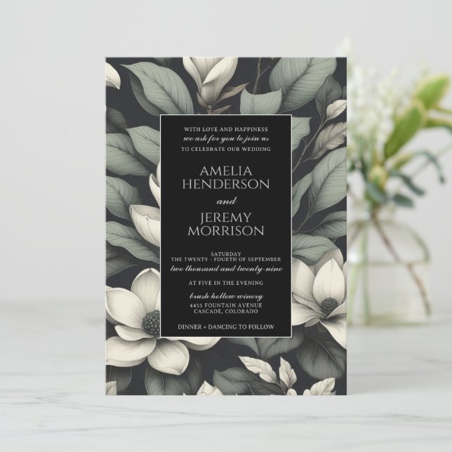 Invitación Flores blancas y vegetación QR Boda (Anverso de pie)