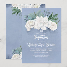 Invitación Flores blancas y verdor embelesan bautismo azul