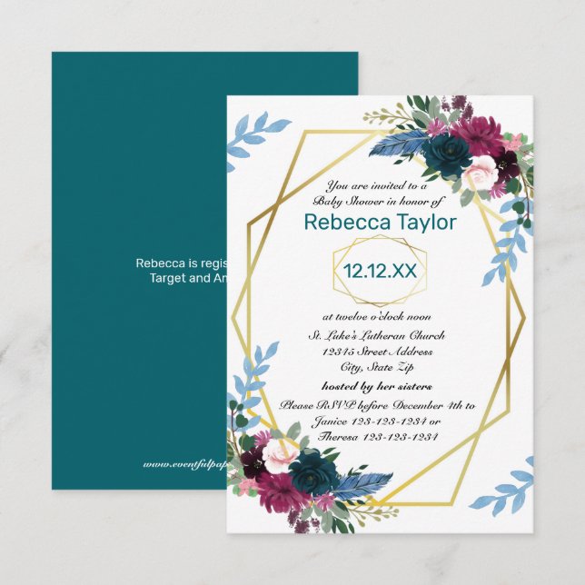 Invitación Flores Bloom Mod Verde Turquesa - 3x5 Baby Shower (Anverso / Reverso)