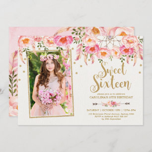 Invitación Flores bohemias rosadas Rubor dulces 16 cumpleaños