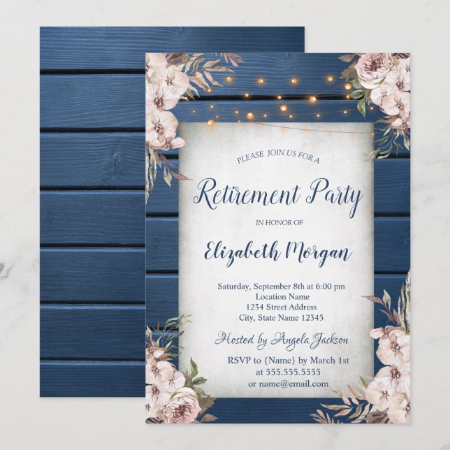 Invitación Flores Boho Azul Marino Madera Jubilación (Anverso / Reverso)