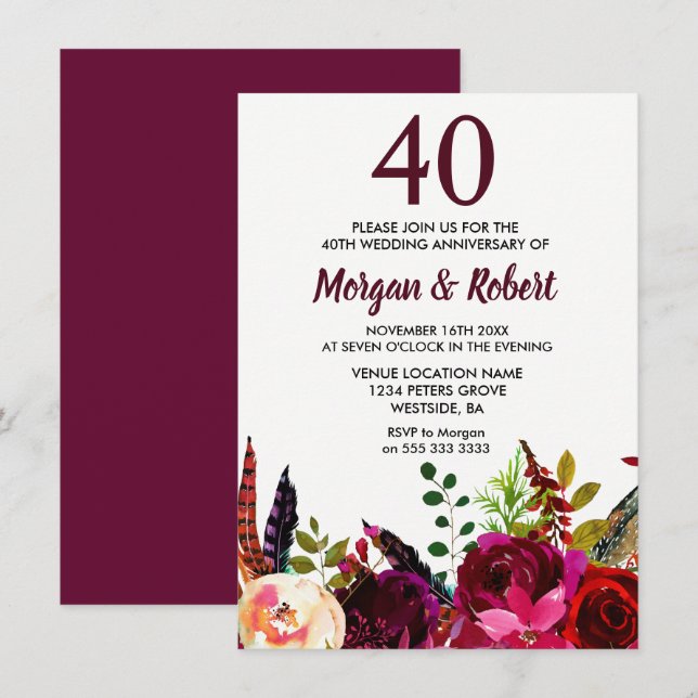 Invitación Flores Boho Borgoña 40 Aniversario de Boda (Anverso / Reverso)