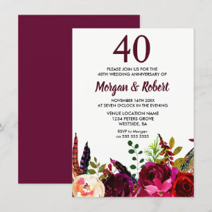 Invitación Flores Boho Borgoña 40 Aniversario de Boda