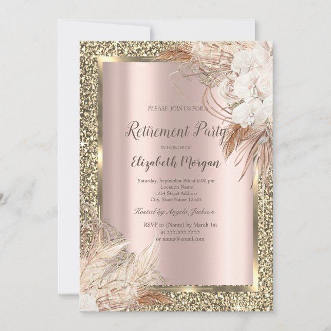 Invitación Flores Boho, Brillo, Jubilación Rosa Dorada (Anverso)