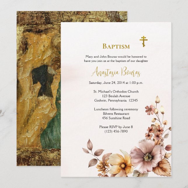 Invitación Flores boho caprichosas Bautizo cristiano ortodoxo (Anverso / Reverso)
