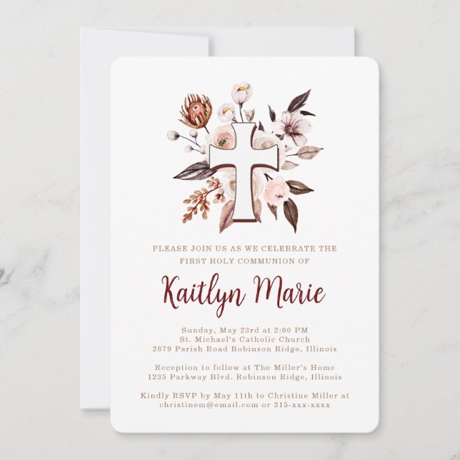 Invitación Flores Boho con Cruz Primera Comunión (Anverso)