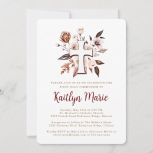 Invitación Flores Boho con Cruz Primera Comunión