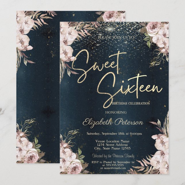 Invitación Flores Boho Confeti Azul Oscuro Dulces 16 (Anverso / Reverso)