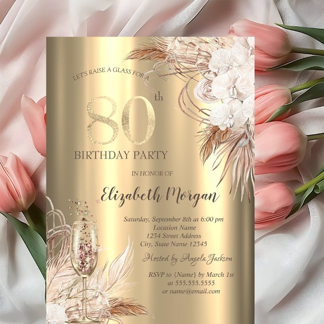 Invitación Flores Boho, Copa de Champán Dorada 80 Cumpleaños (Subido por el creador)