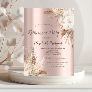 Invitación Flores Boho, Copa de Champán, Jubilación Rosa Dora