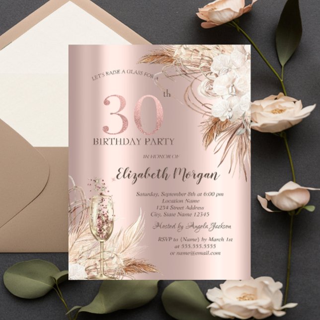 Invitación Flores Boho, Copa de Champán, Rosa Dorado 30 (Subido por el creador)