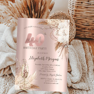 Invitación Flores Boho, Copa de Champán, Rosa Dorado 40º