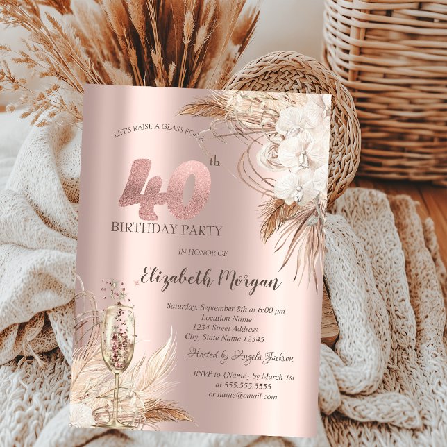 Invitación Flores Boho, Copa de Champán, Rosa Dorado 40º (Subido por el creador)