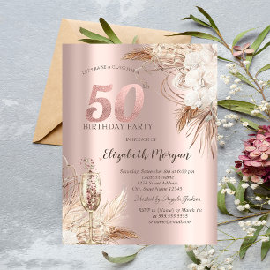 Invitación Flores Boho, Copa de Champán, Rosa Dorado 50º