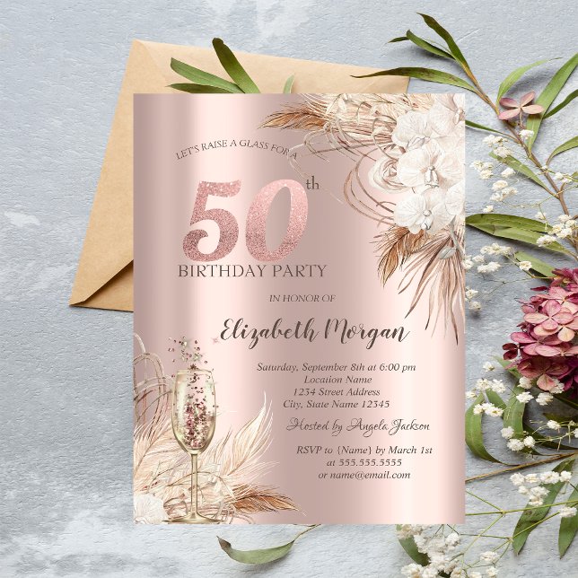 Invitación Flores Boho, Copa de Champán, Rosa Dorado 50º (Subido por el creador)