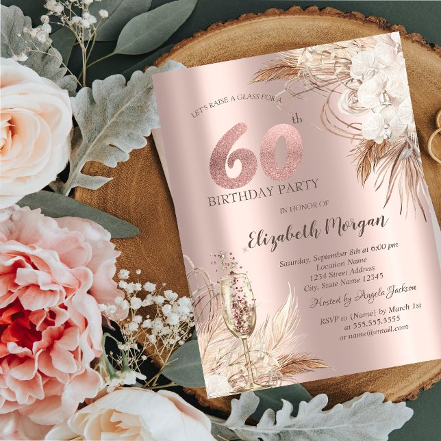 Invitación Flores Boho, Copa de Champán, Rosa Dorado 60 cumpl (Subido por el creador)