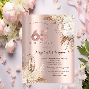 Invitación Flores Boho, Copa de Champán, Rosa Dorado 65 cumpl