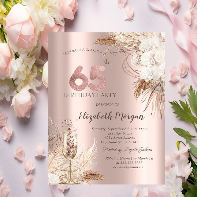 Invitación Flores Boho, Copa de Champán, Rosa Dorado 65 cumpl (Subido por el creador)