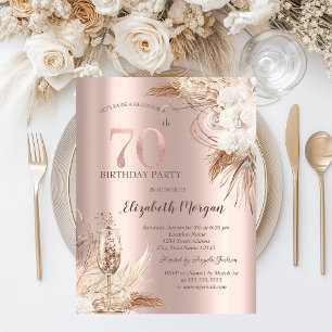 Invitación Flores Boho, Copa de Champán, Rosa Dorado 70º