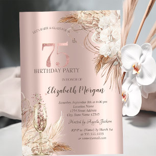 Invitación Flores Boho,Copa de Champán,Rosa Dorado 75