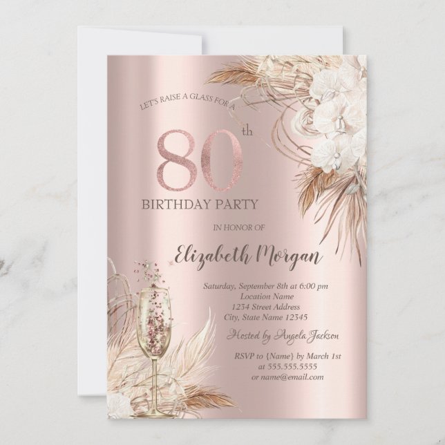 Invitación Flores Boho, Copa de Champán, Rosa Dorado 80 cumpl (Anverso)