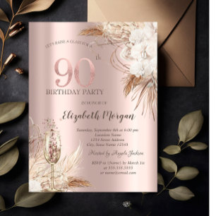 Invitación Flores Boho, Copa de Champán, Rosa Dorado 90º