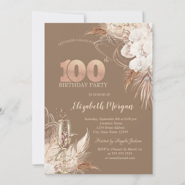 Invitación Flores Boho, Copa de Champán, Terracota 100th (Anverso)