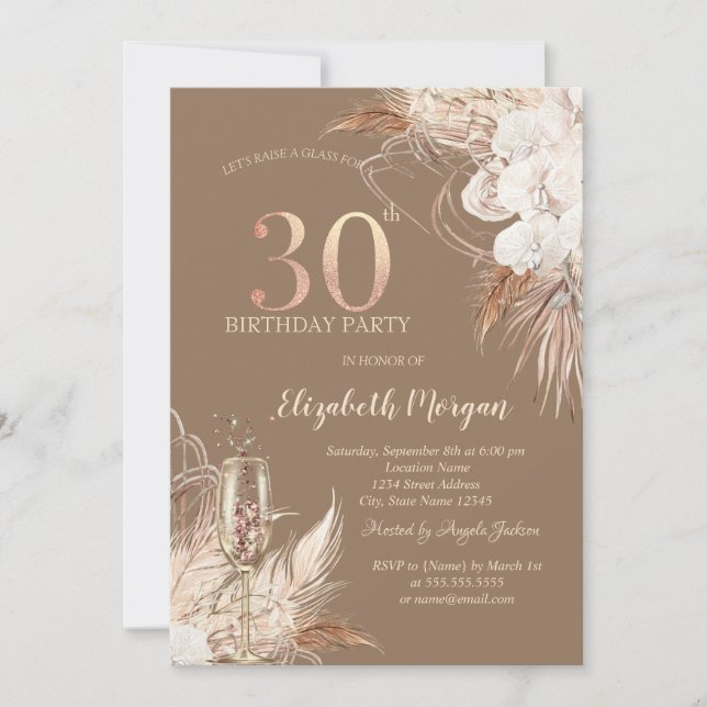 Invitación Flores Boho, Copa de Champán, Terracota 30th (Anverso)
