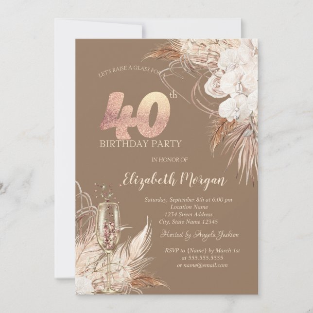 Invitación Flores Boho, Copa de Champán, Terracota 40th (Anverso)