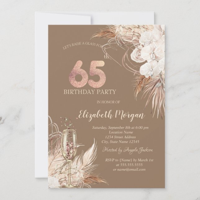 Invitación Flores Boho,Copa de Champán,Terracota 65th (Anverso)
