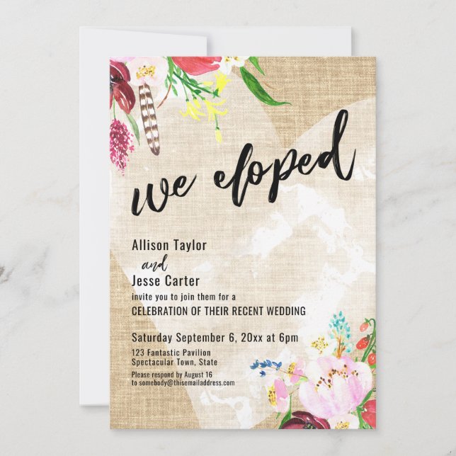 Invitación Flores Boho Corazón Arpillera Nos Fugamos Solo Rec (Anverso)
