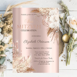 Invitación Flores Boho de Gotitas de Purpurina Rosa Dorado Ba