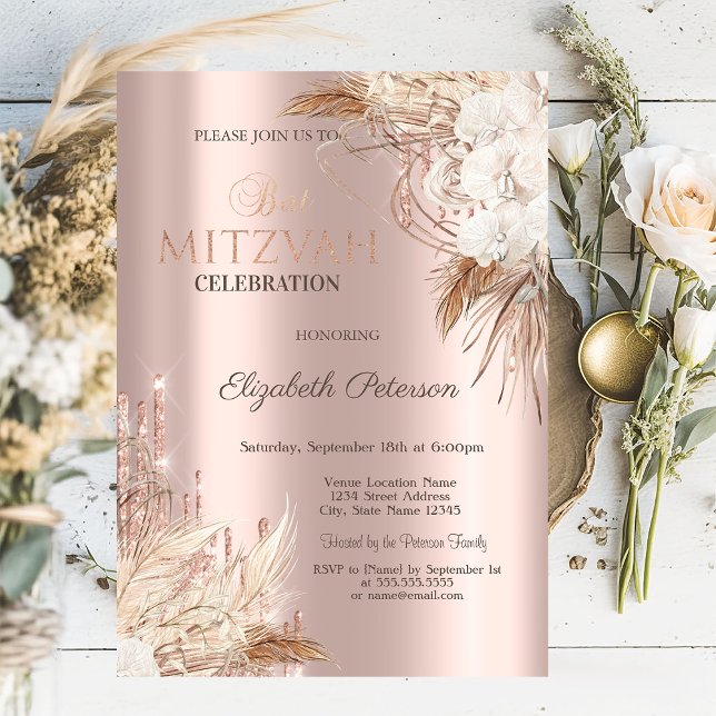 Invitación Flores Boho de Gotitas de Purpurina Rosa Dorado Ba (Subido por el creador)
