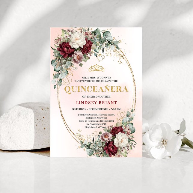 Invitación Flores Boho de Moda Marsala Eucalipto Quinceañera (Trendy Marsala Flowers Eucalyptus Quinceañera Invite)