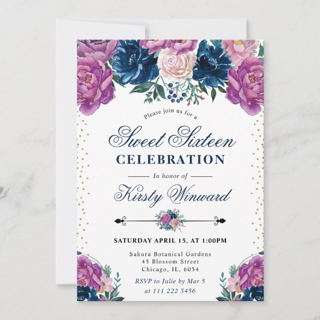 Invitación Flores Boho de Verano Moradas y Azules Cumpleaños  (Anverso)