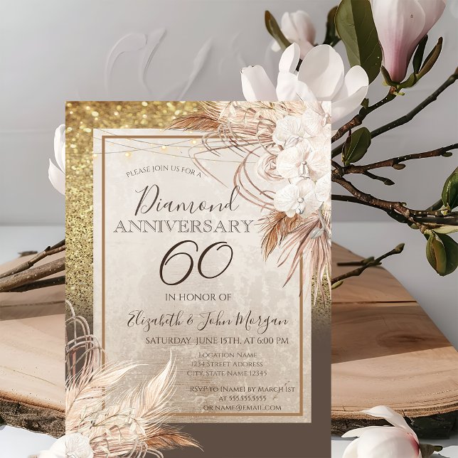 Invitación Flores Boho Hierba de Pampas Brillo Aniversario (Subido por el creador)