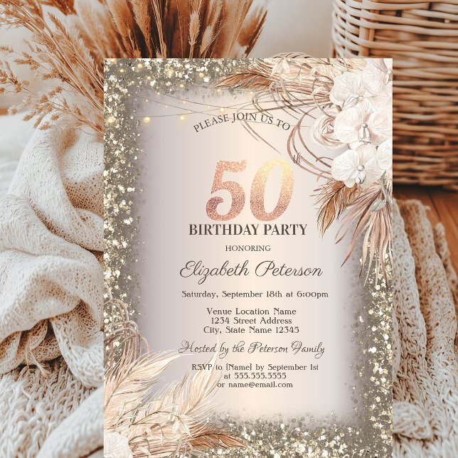 Invitación Flores Boho, Luces Brillantes Marco Cumpleaños 50 (Subido por el creador)