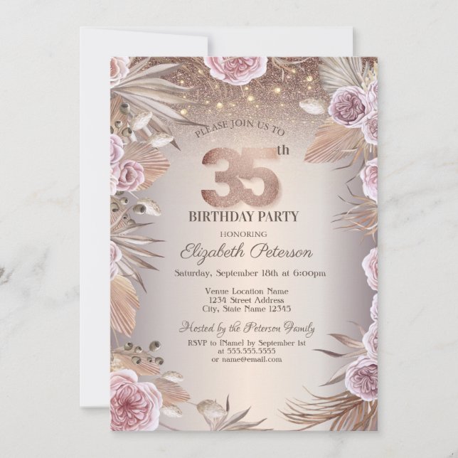 Invitación Flores Boho, Luces de Cadena con Efecto Bokeh Cump (Anverso)