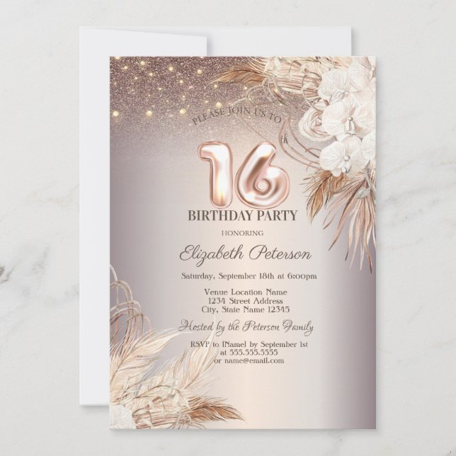 Invitación Flores Boho, Luces de Cadenas Brillantes 16º (Anverso)