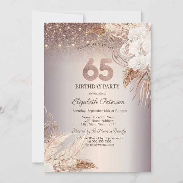 Invitación Flores Boho, Luces de Cadenas Brillantes Cumpleaño (Anverso)