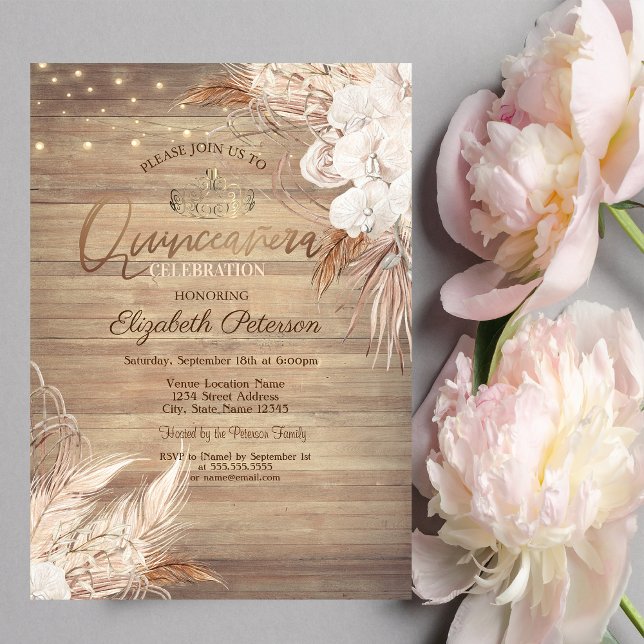 Invitación Flores Boho, Luces, Madera Quinceañera (Subido por el creador)