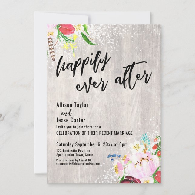 Invitación Flores Boho Luces Madera Rústica Felices Para Siem (Anverso)