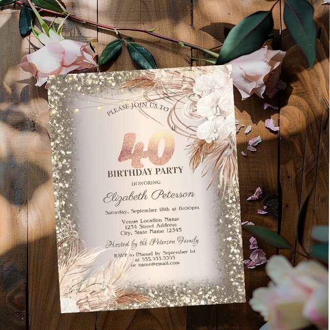 Invitación Flores Boho, Luces Marco Brillante Cumpleaños 40 (Subido por el creador)
