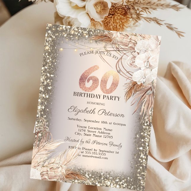 Invitación Flores Boho, Luces Marco Brillante Cumpleaños 60 (Subido por el creador)