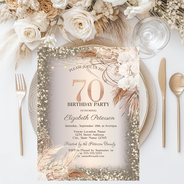 Invitación Flores Boho, Luces Marco Brillante Cumpleaños 70 (Subido por el creador)